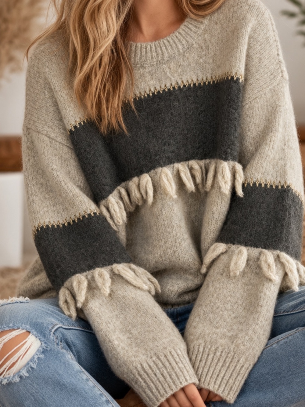 Cozy Oversized Colorblock Sweater – Fringe Detail – Size L Hem & Thread Cream